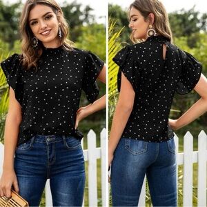 SHEIN LUNE Heart Confetti Mock Neck Keyhole Back Blouse Size L
